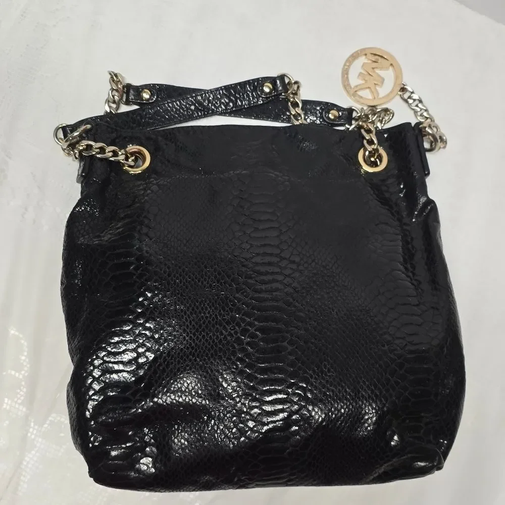 Michael Kors Python Snakeskin Embossed Leather Black Chain Hand Bag Boho Chic